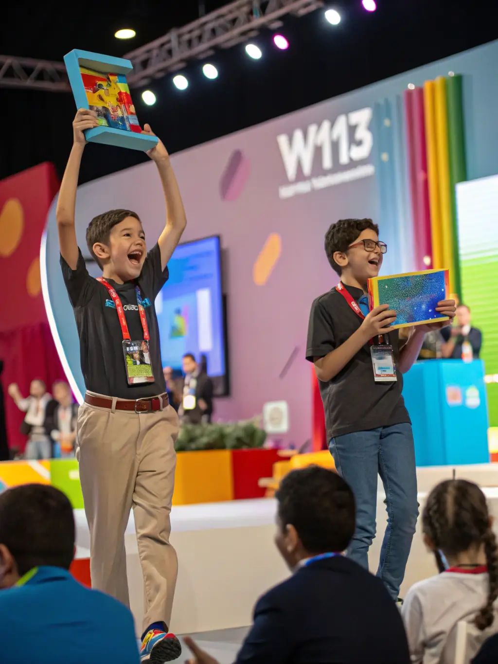 An inspiring image of young inventors presenting their creations at the W193 event, emphasizing the creativity and ingenuity of the next generation of innovators.