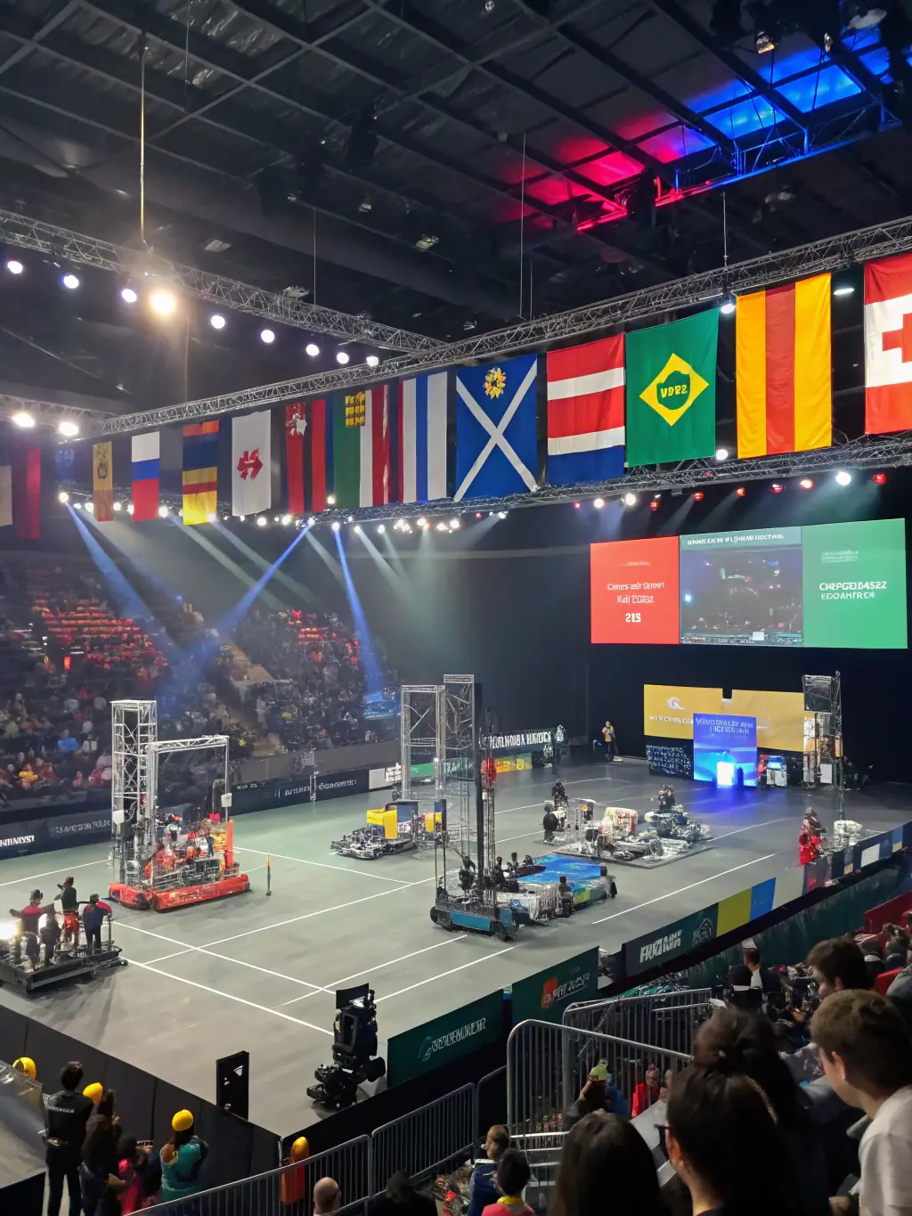 A captivating image of a robotics competition at W193, featuring advanced robots performing complex tasks and demonstrating the future of automation.
