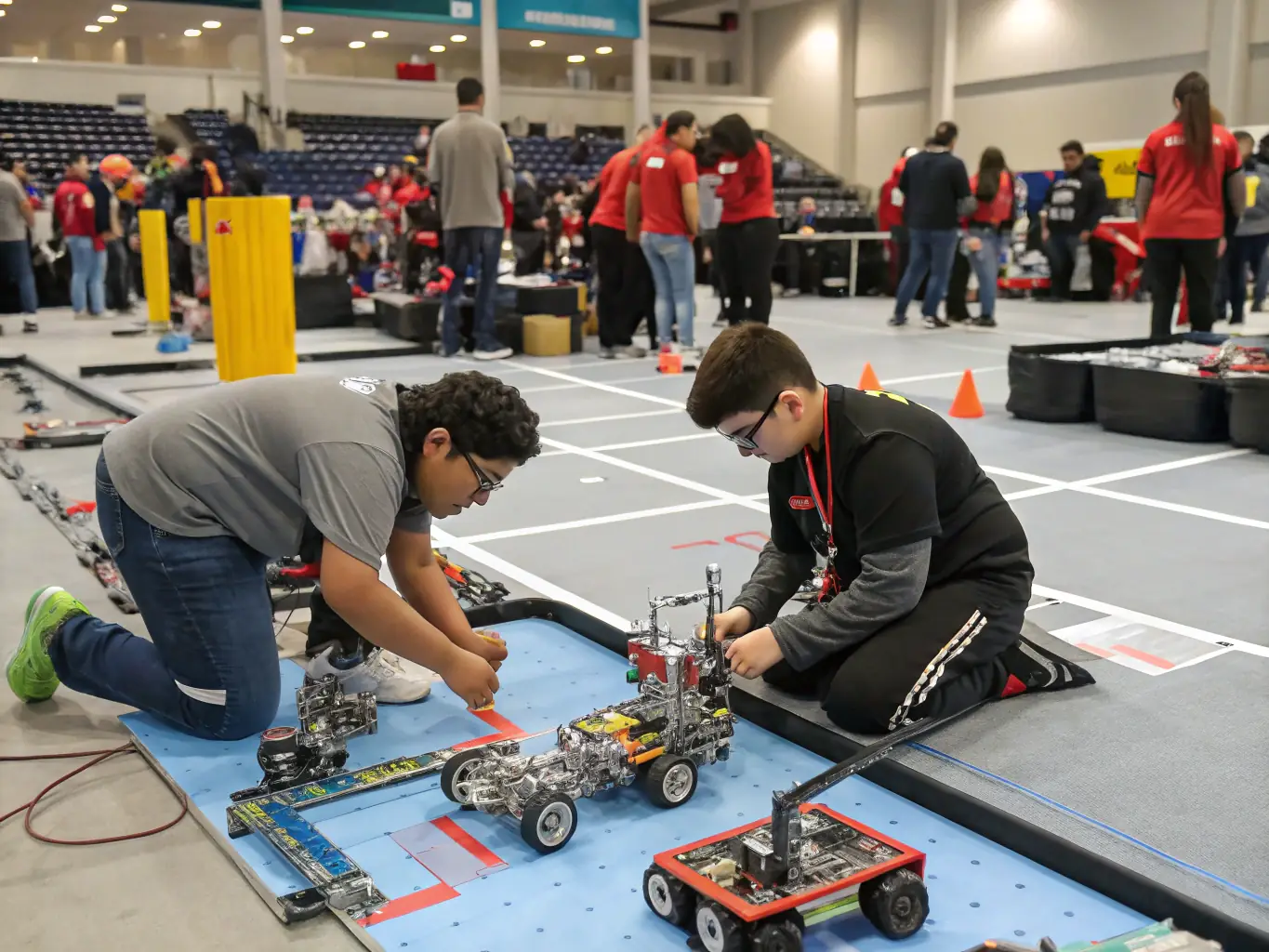 A dynamic image showcasing participants engaged in a robotics competition at a W193 event, highlighting the excitement and innovation.