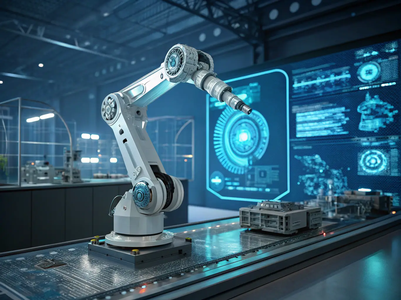 A dynamic image showcasing a futuristic robot arm assembling a circuit board, symbolizing the AI event category.